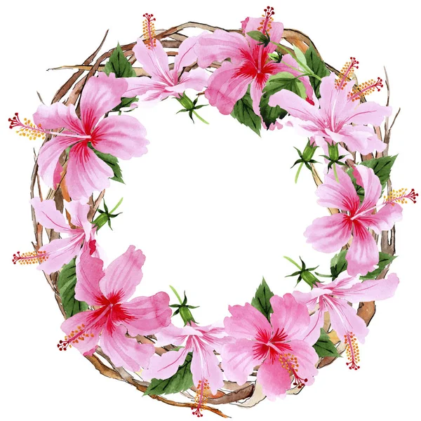 Wildflower hibiscus pink flower wreath in a watercolor style. — Stock Photo, Image