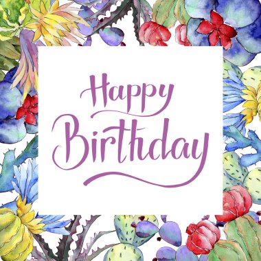 Kır çiçeği kaktüs çiçek çerçeve suluboya tarzında.