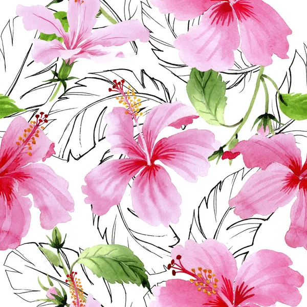 Flor silvestre hibisco rosa patrón de flores en un estilo de acuarela . — Foto de Stock