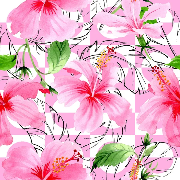 Wildflower hibiscus roze bloemenpatroon in een aquarel stijl. — Stockfoto