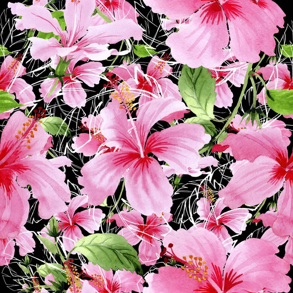 Wildflower hibiscus pink flower pattern in a watercolor style. — Stock Photo, Image