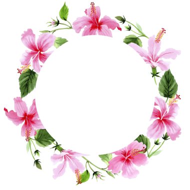 Kır çiçeği hibiscus Pembe çiçek çelenk suluboya tarzında.