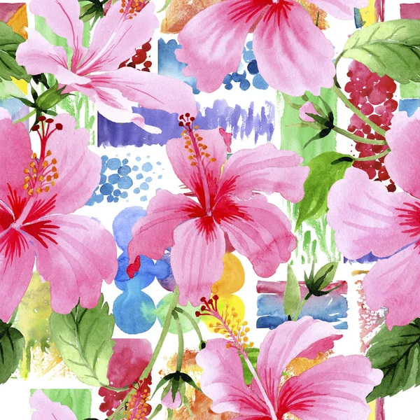 水彩画のワイルドフラワー ハイビスカスのピンクの花のパターン. — ストック写真