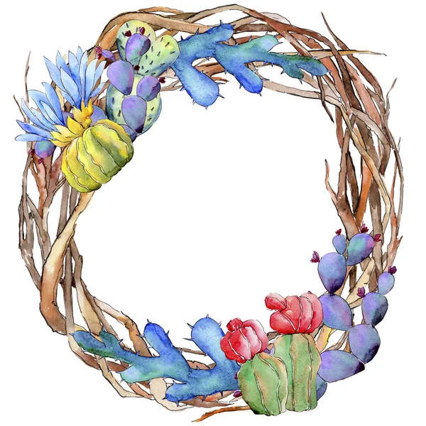 Wildflower cactus flower wreath in a watercolor style. — Stock Photo, Image