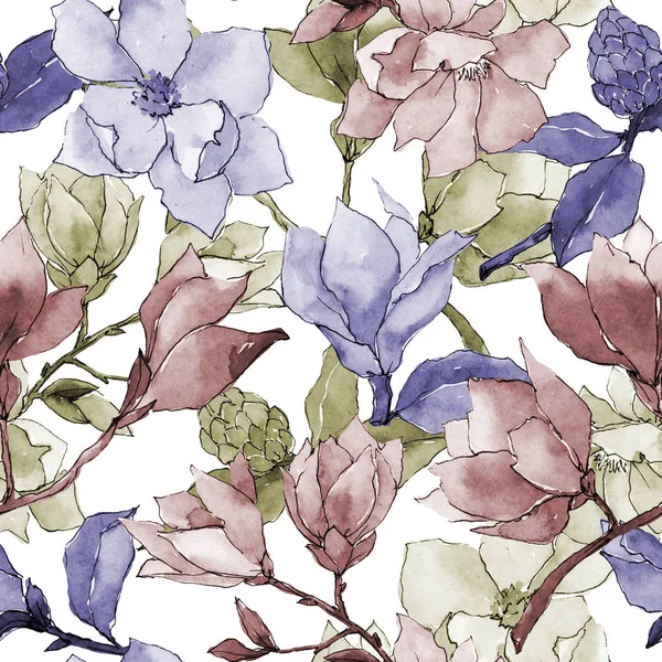 水彩画のワイルドフラワー マグノリアの花のパターン. — ストック写真