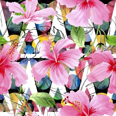 Kır çiçeği hibiscus Pembe çiçek deseni suluboya tarzında.