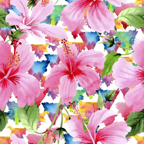 水彩画のワイルドフラワー ハイビスカスのピンクの花のパターン. — ストック写真