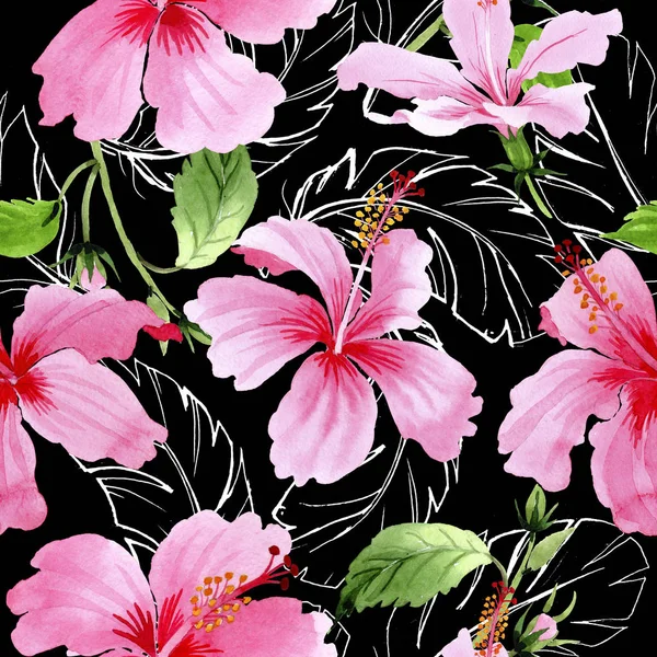 Wildflower hibiscus roze bloemenpatroon in een aquarel stijl. — Stockfoto