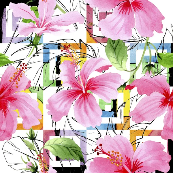 Wildflower hibiscus roze bloemenpatroon in een aquarel stijl. — Stockfoto