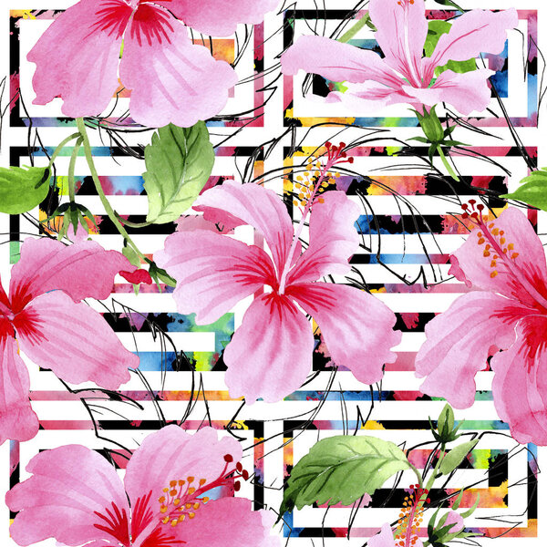 Wildflower hibiscus pink flower pattern in a watercolor style.