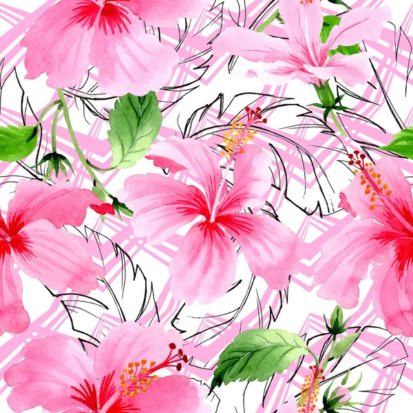 Modèle de fleur rose hibiscus fleur sauvage dans un style aquarelle . — Photo
