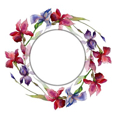 Kır çiçeği Iris çiçek çelenk suluboya tarzında.