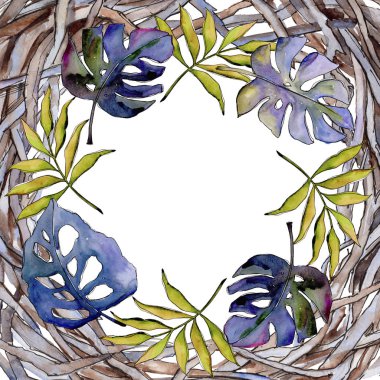 Tropikal yaprak çerçeve suluboya tarzında.