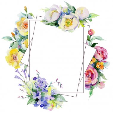 Buket çiçek çerçeve suluboya tarzında.