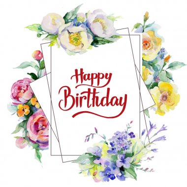 Buket çiçek çerçeve suluboya tarzında.