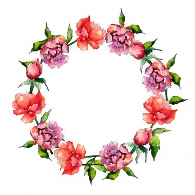 Kır çiçeği peony çiçek çelenk suluboya tarzında.