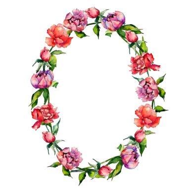 Kır çiçeği peony çiçek çelenk suluboya tarzında.