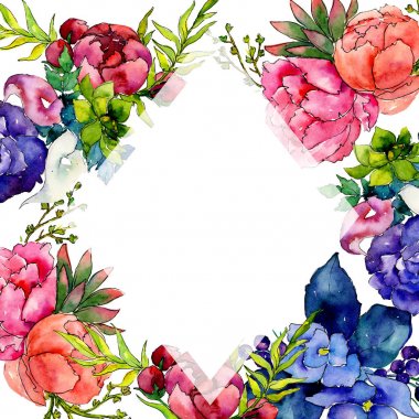 Buket kır çiçeği çiçek çerçeve suluboya tarzında.