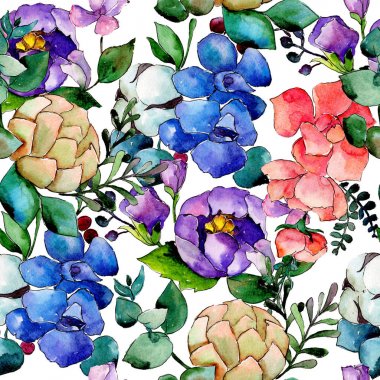 Renkli buket. Botanik çiçek. Vahşi bahar yaprak kır çiçeği deseni.