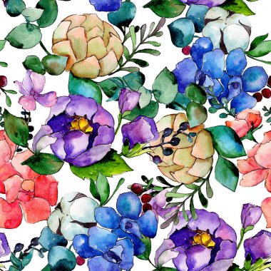 Renkli buket. Botanik çiçek. Vahşi bahar yaprak kır çiçeği deseni.