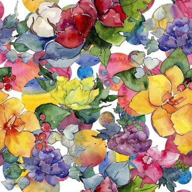 Renkli buket. Botanik çiçek. Vahşi bahar yaprak kır çiçeği deseni.