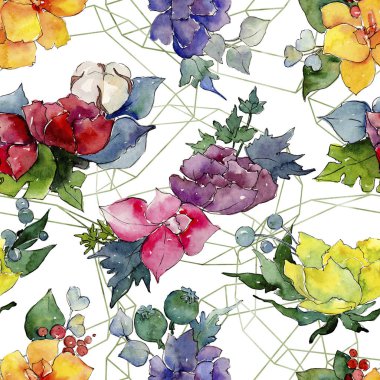 Renkli buket. Botanik çiçek. Vahşi bahar yaprak kır çiçeği deseni.