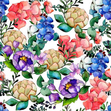 Renkli buket. Botanik çiçek. Vahşi bahar yaprak kır çiçeği deseni.