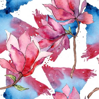 Pembe Manolya. Botanik çiçek. Vahşi bahar yaprak kır çiçeği deseni.