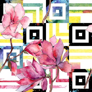 Pembe Manolya. Botanik çiçek. Vahşi bahar yaprak kır çiçeği deseni.