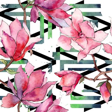 Pembe Manolya. Botanik çiçek. Vahşi bahar yaprak kır çiçeği deseni.