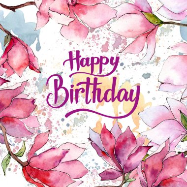 Pembe Manolya. Botanik çiçek. Vahşi bahar yaprak kır çiçeği çerçeve.