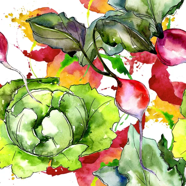 Červené ředkvičky zelenina v akvarel styl vzorku. — Stock fotografie