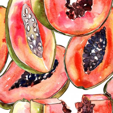 Egzotik papaya yabani meyve sulu boya tarzı desen.