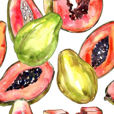 Egzotik papaya yabani meyve sulu boya tarzı desen.
