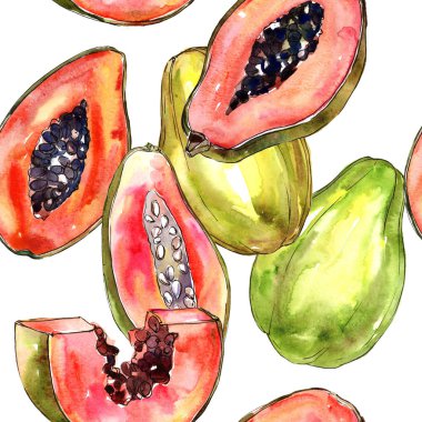Egzotik papaya yabani meyve sulu boya tarzı desen.