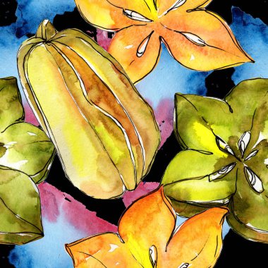 Egzotik carambola yabani meyve sulu boya tarzı desen.