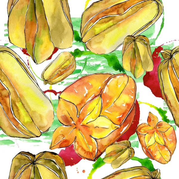 Egzotik carambola yabani meyve sulu boya tarzı desen. — Stok fotoğraf