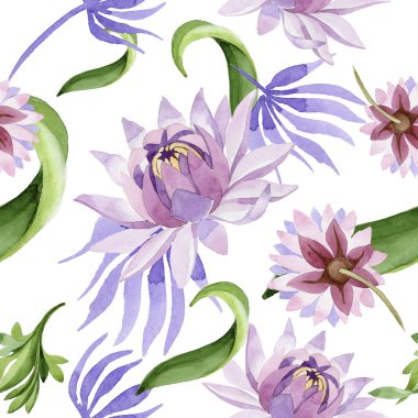 Pembe nilüfer. Botanik çiçek. Vahşi bahar yaprak kır çiçeği deseni.