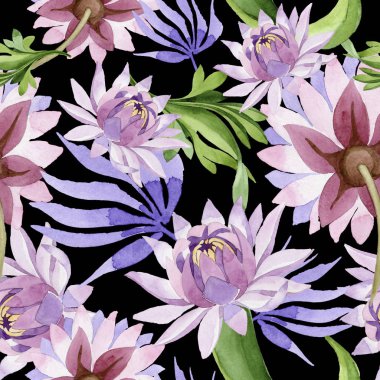 Pembe nilüfer. Botanik çiçek. Vahşi bahar yaprak kır çiçeği deseni.