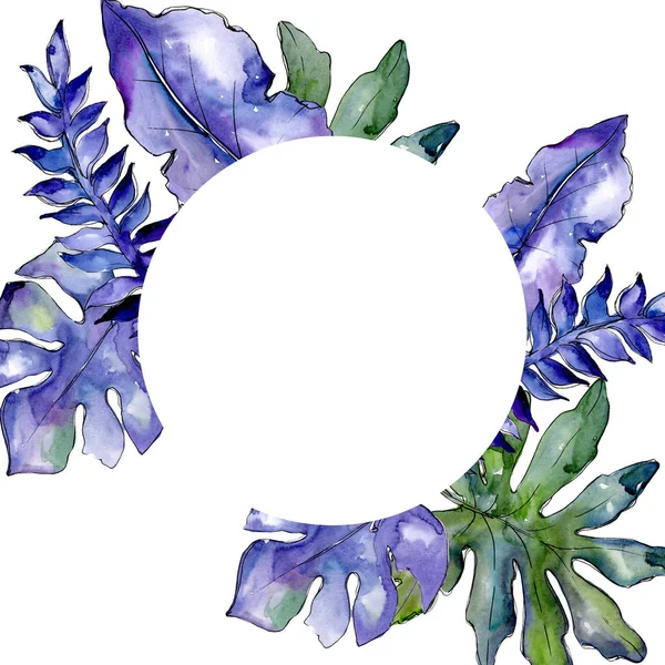 Blaue tropische Blätter in einem Rahmen im Aquarell-Stil. — Stockfoto