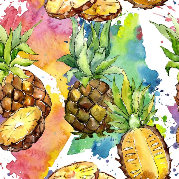 Dzikie owoce egzotyczne ananasy w stylu przypominającym akwarele wzór. — Zdjęcie stockowe