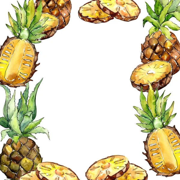 Dzikie owoce egzotyczne ananasy w stylu przypominającym akwarele ramki. — Zdjęcie stockowe