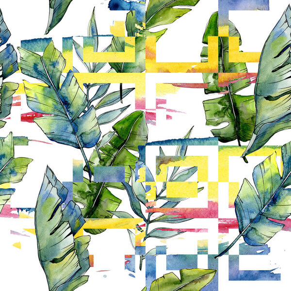 Tropical green lesves  in a watercolor style pattern.