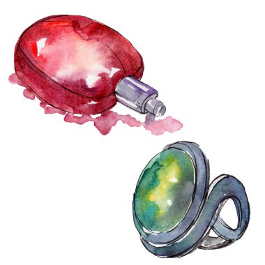 Yüzük ve parfüm moda glamour illüstrasyon izole bir suluboya tarzında kroki.