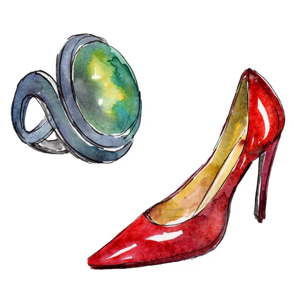 Ring and red shoe sketch fashion glamour illustration in a watercolor style isolated.