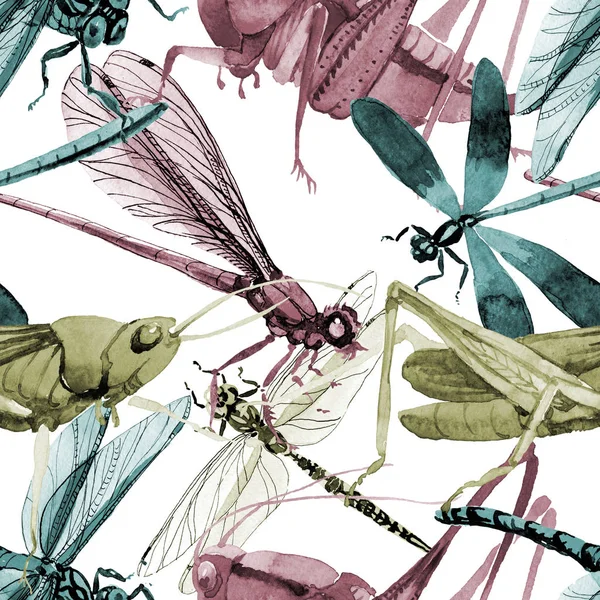 Exotiska syrsor vilda insekt i en akvarell stil mönster. — Stockfoto