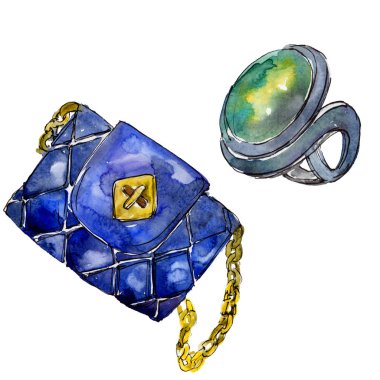 Yüzük ve debriyaj moda glamour illüstrasyon izole bir suluboya tarzında kroki.