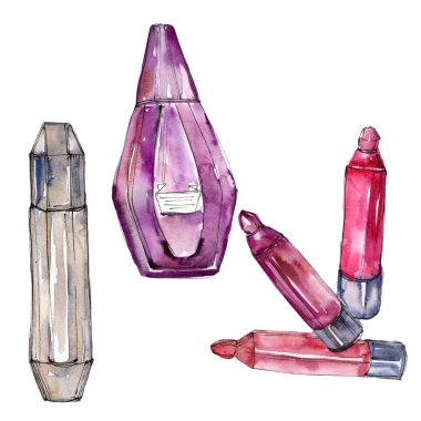 Dudak kontür kalemleri ve parfüm moda glamour illüstrasyon izole bir suluboya tarzında kroki.