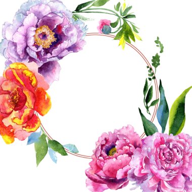 Kır çiçeği Şakayık Pembe çiçek çerçeve suluboya tarzında.