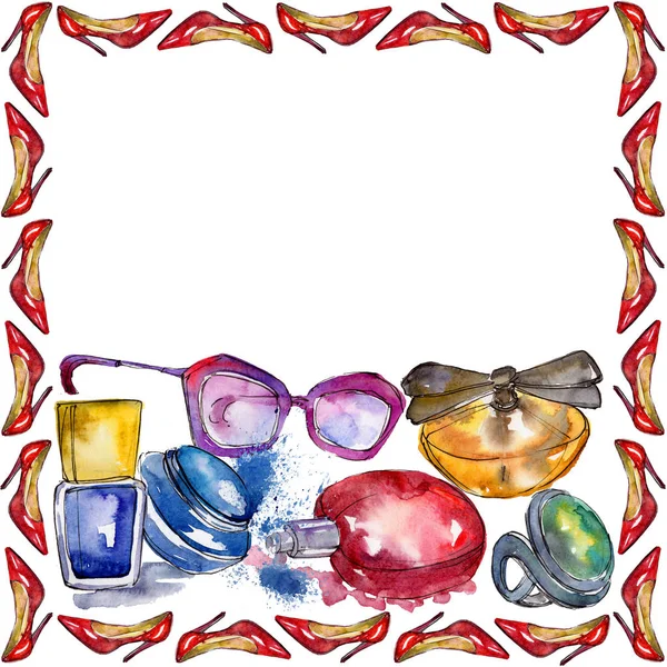 Fashionable accessories sketch fashion glamour illustration in a watercolor style frame.